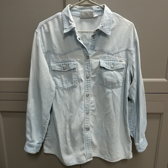 Vintage John Baner Distressed Jean Long Sleeve Shirt Womens L Denim Worn w/Holes - Picture 1 of 16